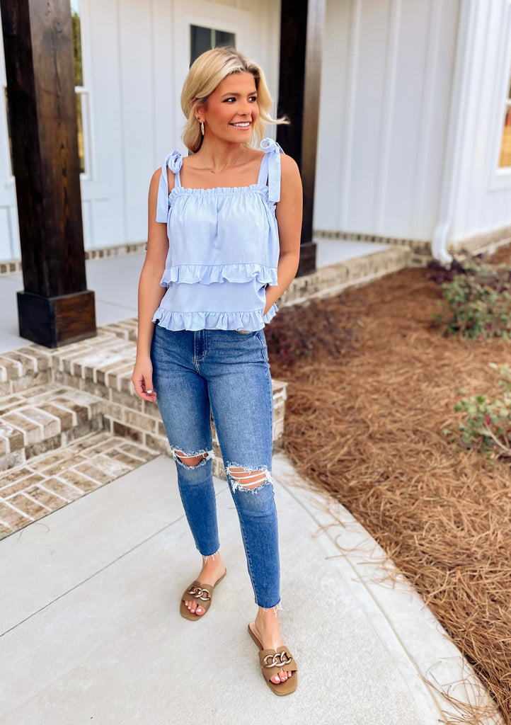 Ice Blue Ruffle Top - Southern Trends Boutique 