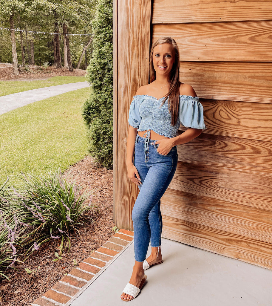 Chambray Smocked Crop Top - Southern Trends Boutique 